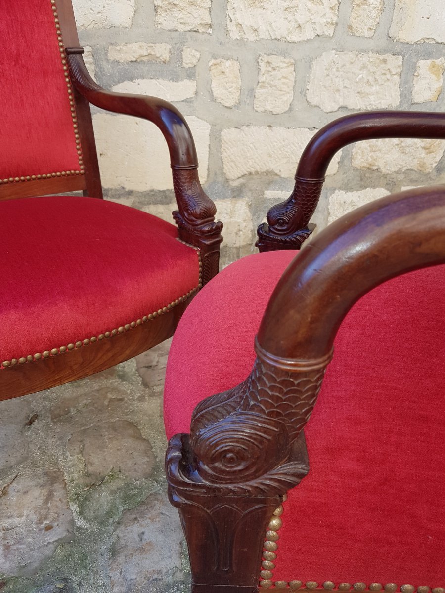 Pair Of Armchairs With Armrests With Dolphin Heads From The Empire Period-photo-4