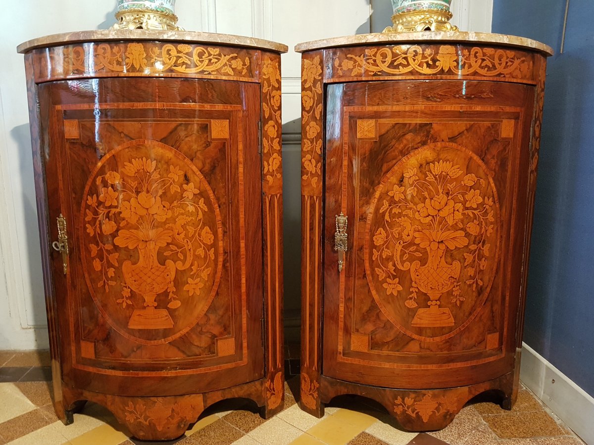 Pair Of "demi-lune" Corner In Neoclassical Style Marquetry.-photo-1
