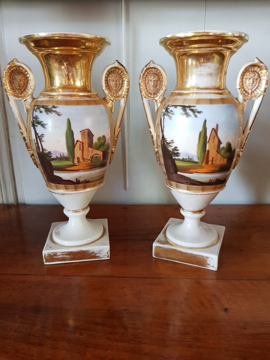 Pair Of Paris Porcelain Vases - Empire Restoration Period-photo-1