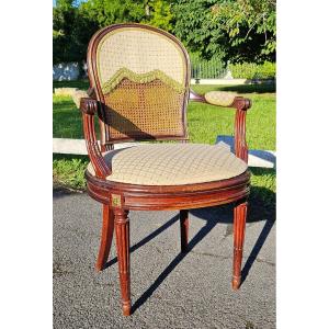 Fauteuil De Bureau De Style Louis XVI Vers 1900 Canné.