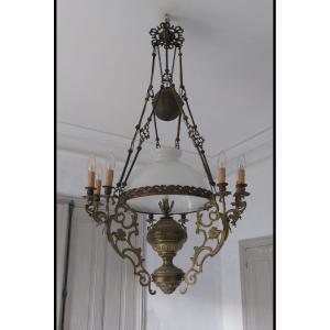 Grand Lustre à Suspension  Globe En Opaline XIX Siècle