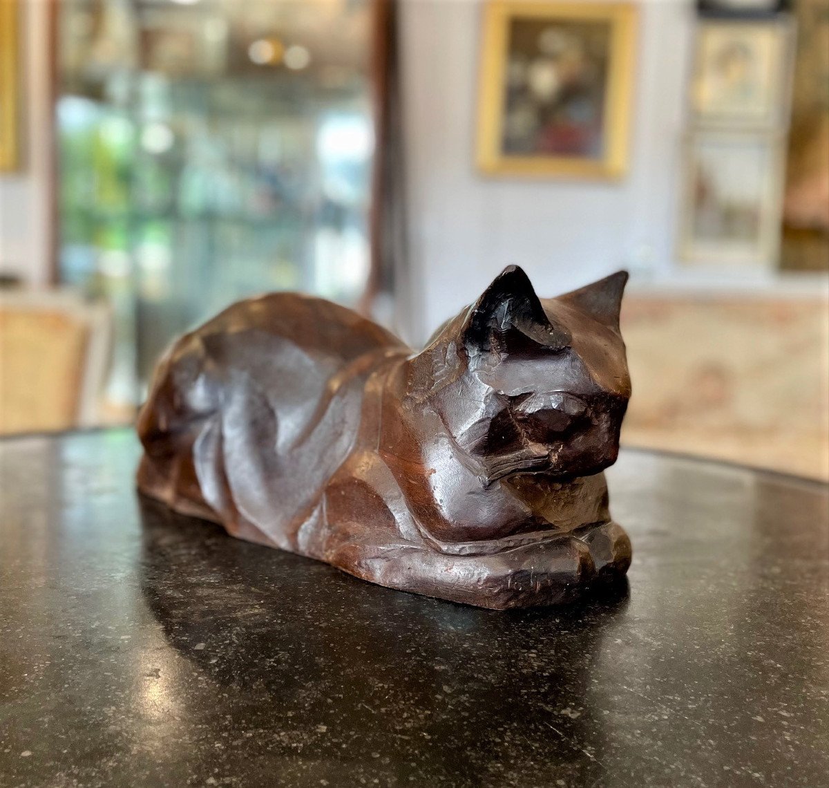 Art Deco Carved Mahogany Cat Signed