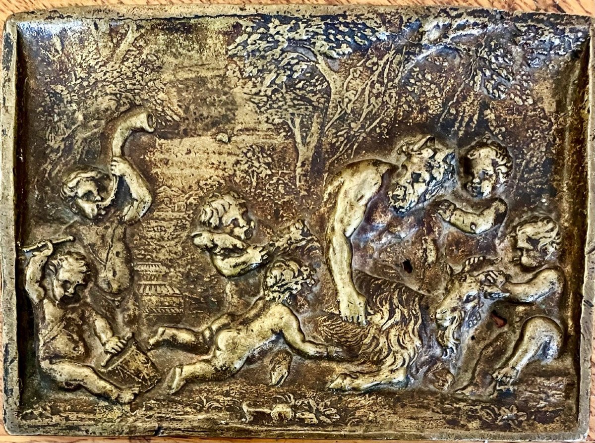 18th Century Bronze Plaque, Loves And Fauna 