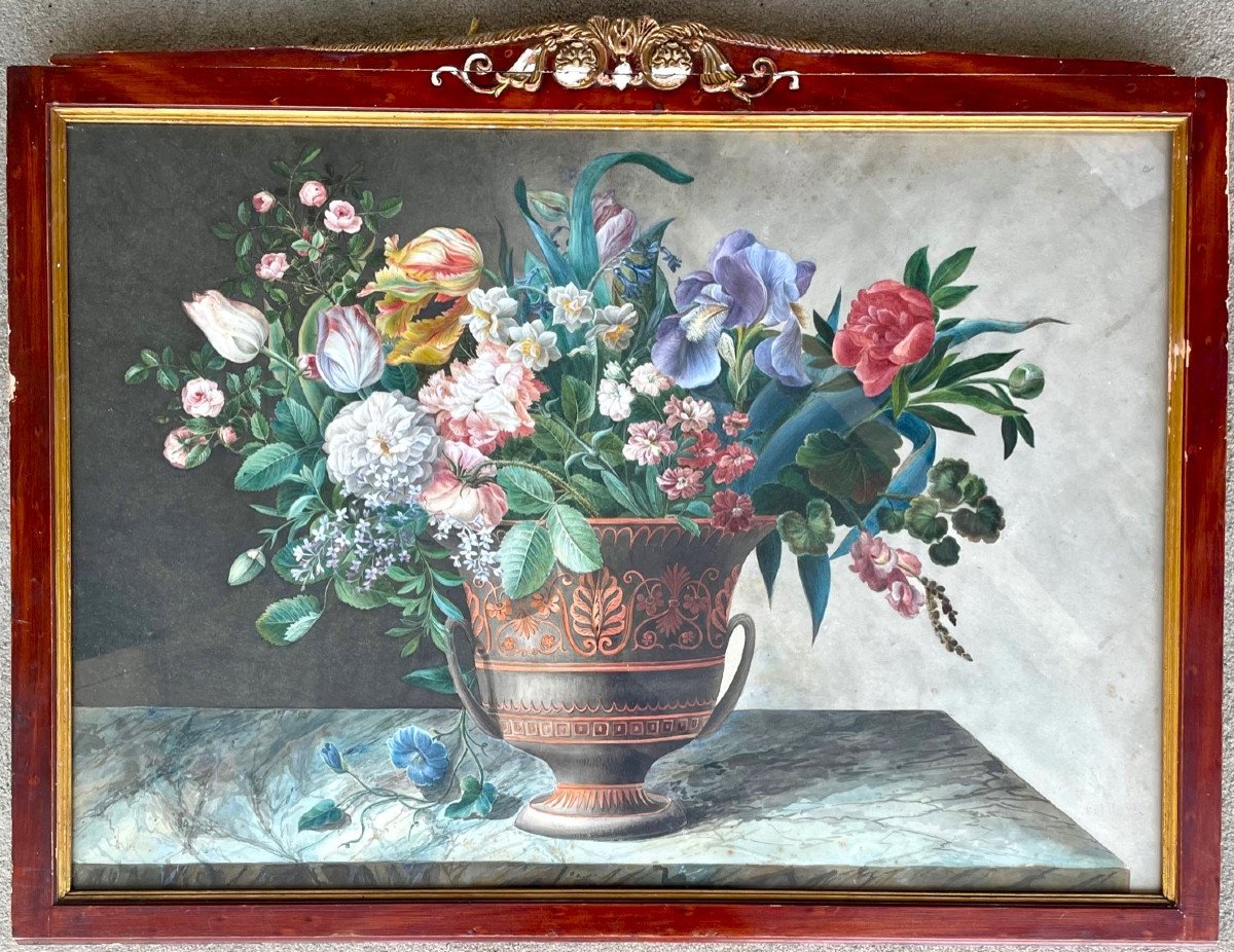 Pair Of Large Watercolors, Bouquets Of Flowers, Around 1850