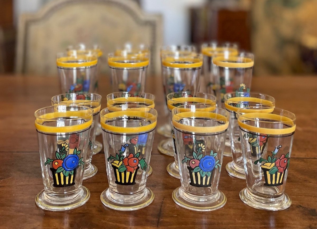 Set Of 16 Enameled Glasses By Jean Luce