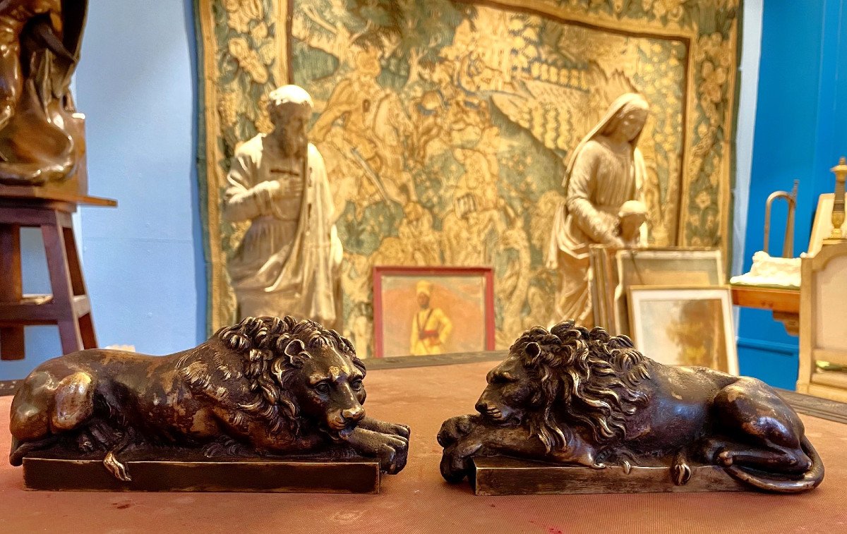 Pair Of Canova Lions In Bronze-photo-4