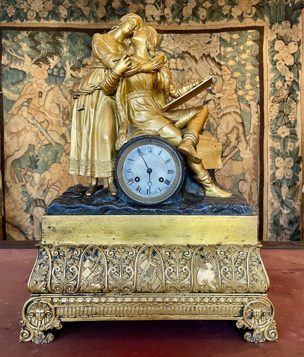 Raphael And His Muse Gilt Bronze Clock