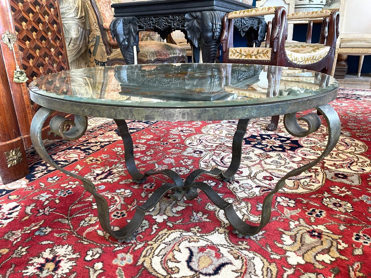 Art Deco Verre Eglomisé And Wrought Iron Pedestal Table-photo-2