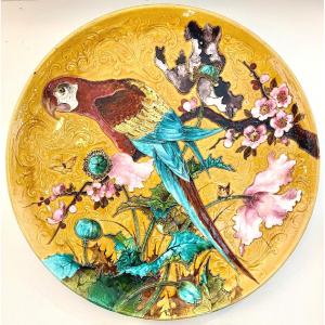 Important Ceramic Dish With Parrot Edouard Gilles