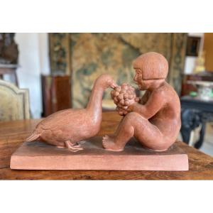 Terre Cuite Art Déco, Enfant à l'Oie, Signée