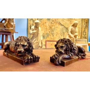 Paire De Lions De Canova En Bronze