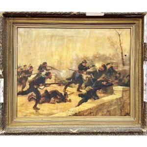 Battle Scene, Large Painting Signed Lucien Sergent