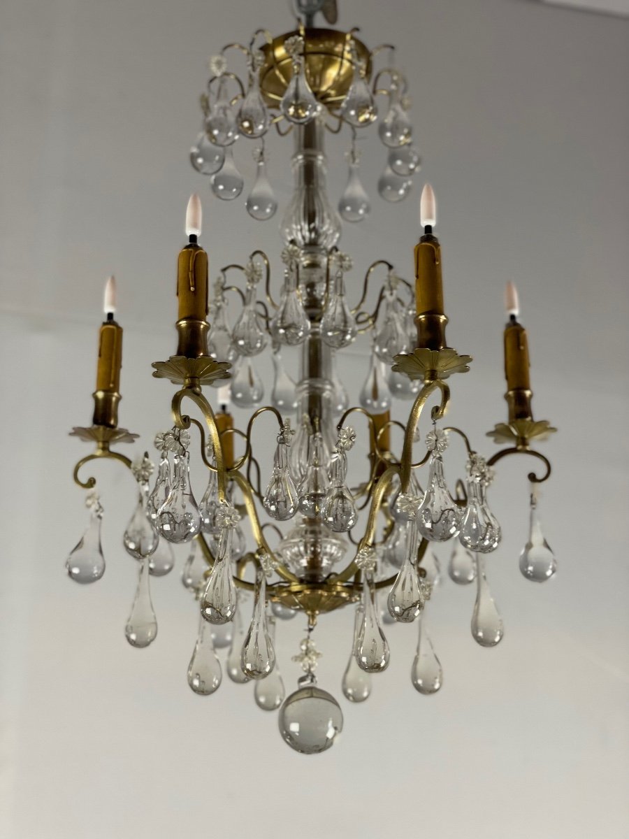 Chandelier In Gilt Bronze Garnished With Pampilles In The Shape Of Drops-photo-2