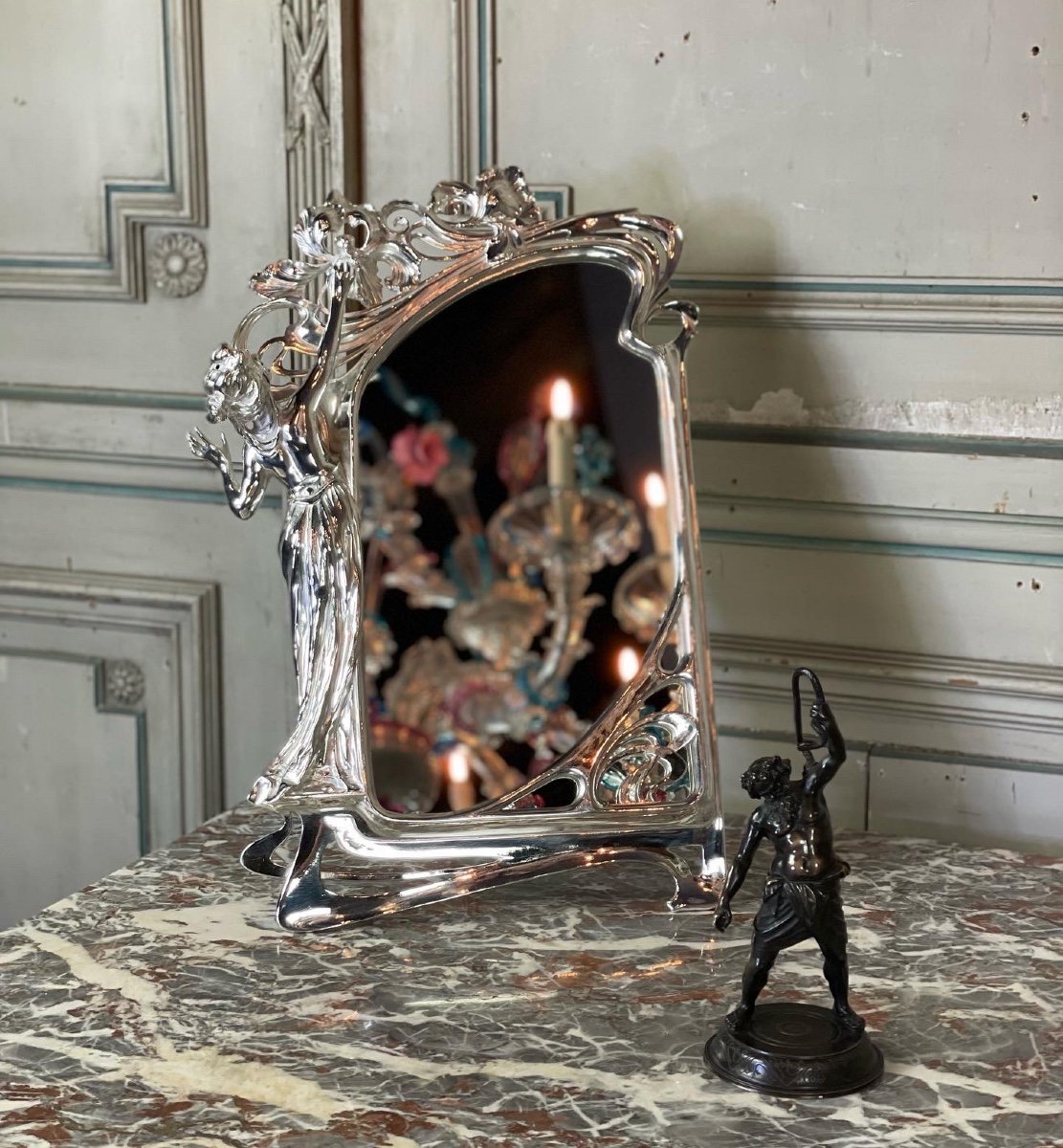 Table Mirror In Silver Bronze, Art Nouveau Around 1900-photo-4