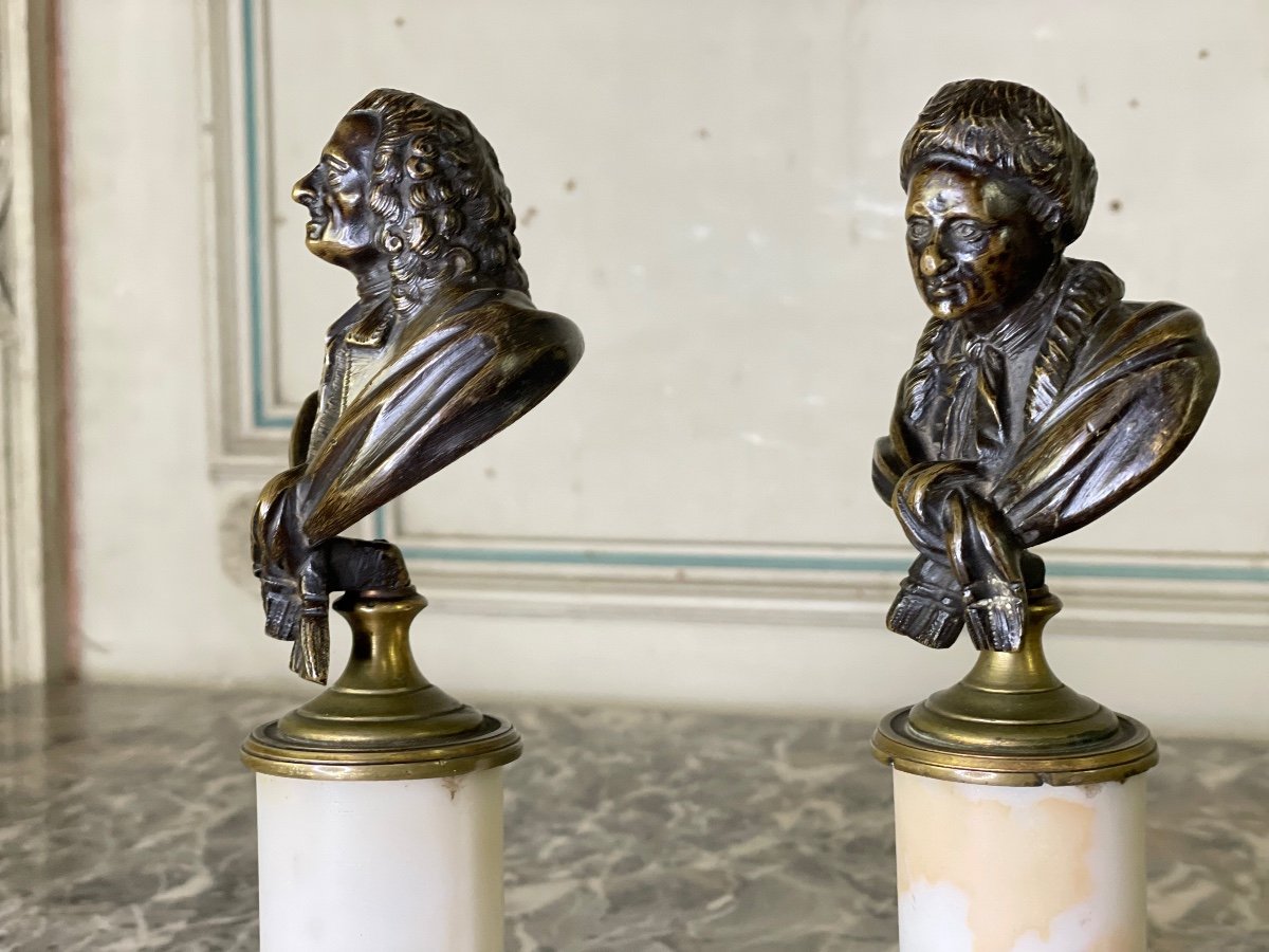 Pair Of Bronze Busts, Rousseau And Voltaire, Circa 1800-photo-3