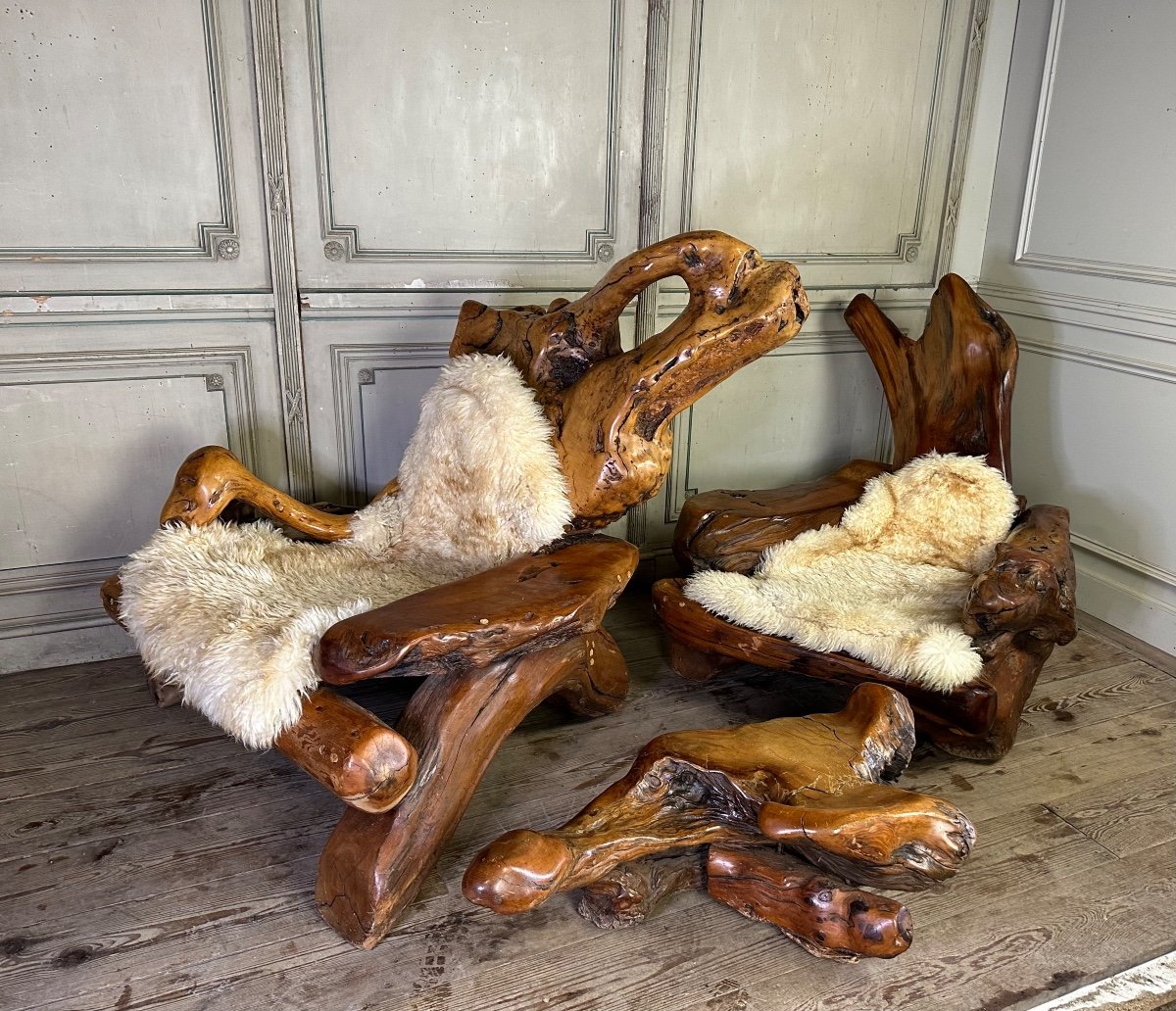 Pair Of Armchairs And A  Footrest Made Of Root, Circa 1970-photo-5