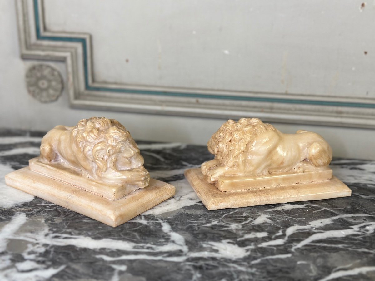 Pair Of Lions After Canova, Alabaster Sculpture Circa 1880-photo-3