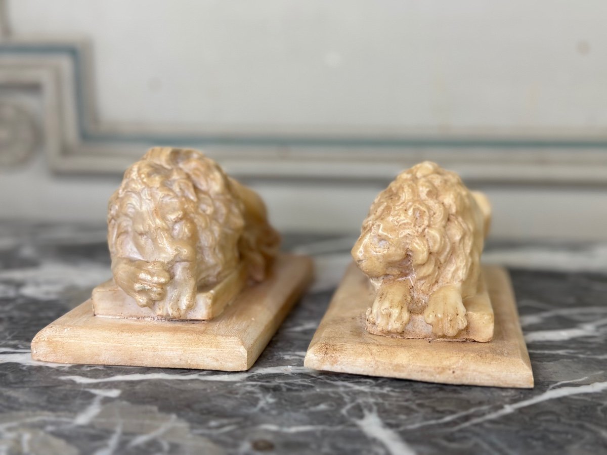 Pair Of Lions After Canova, Alabaster Sculpture Circa 1880-photo-6