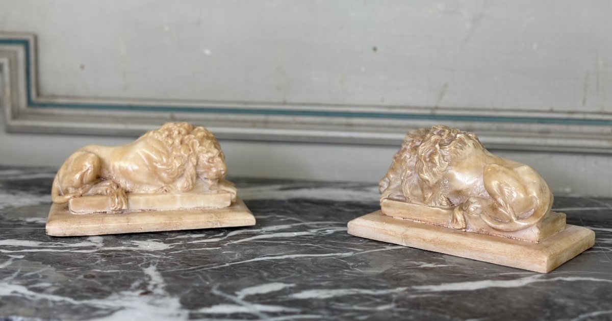 Pair Of Lions After Canova, Alabaster Sculpture Circa 1880