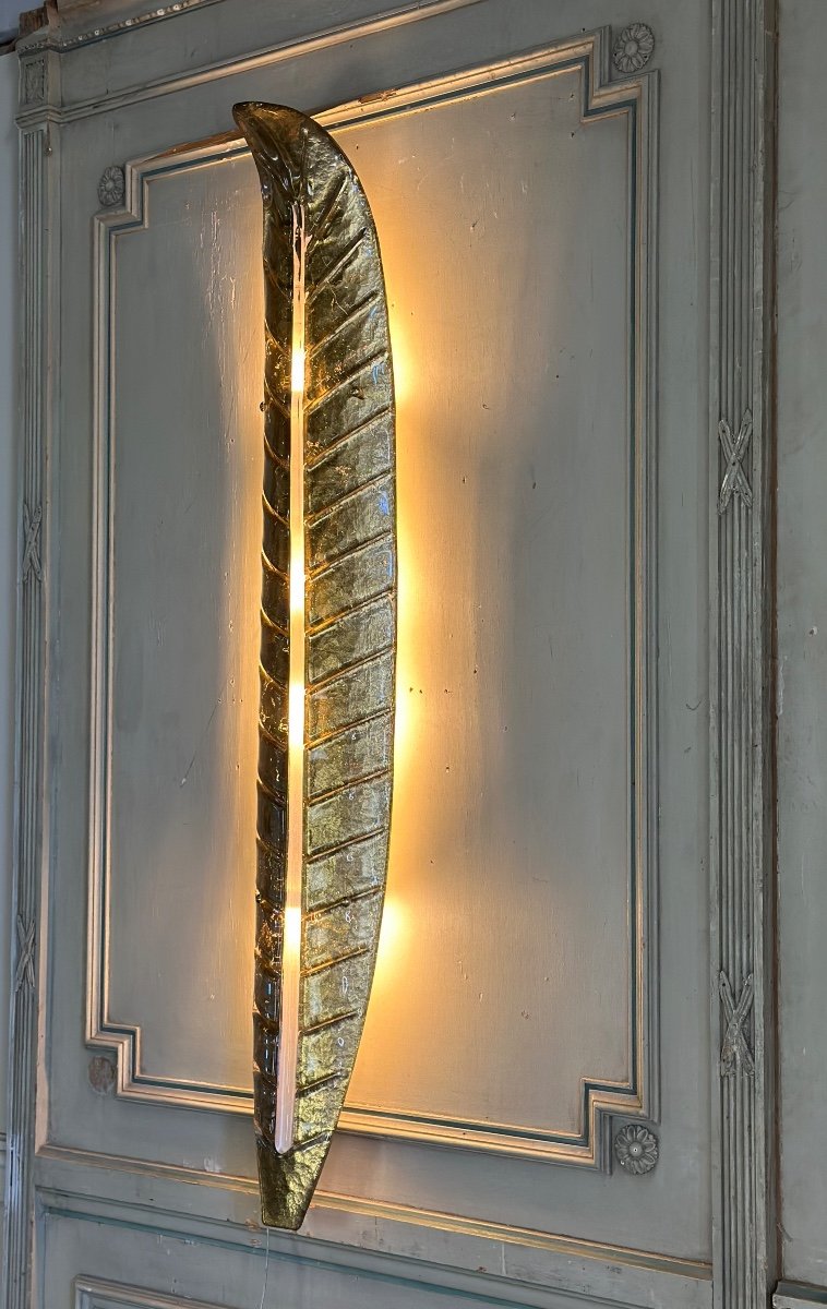 Pair Of Golden And White Opaline Murano Glass Leaf Sconces Circa 1990-photo-2