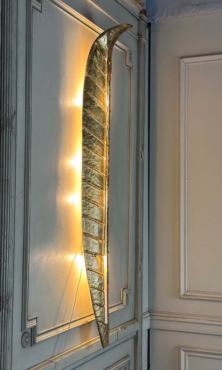 Pair Of Golden And White Opaline Murano Glass Leaf Sconces Circa 1990-photo-8