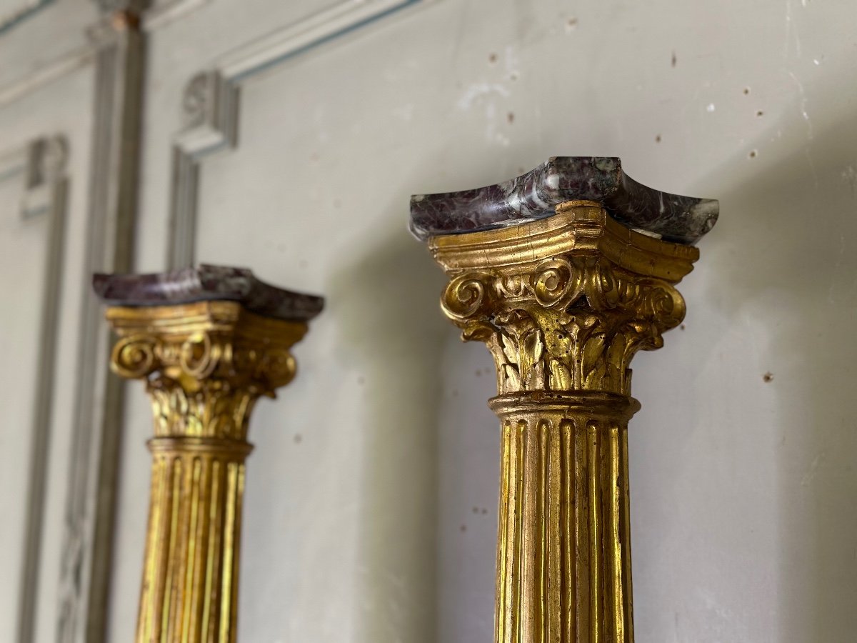 Pair Of Columns In Carved And Gilded Wood Eighteenth Century-photo-2