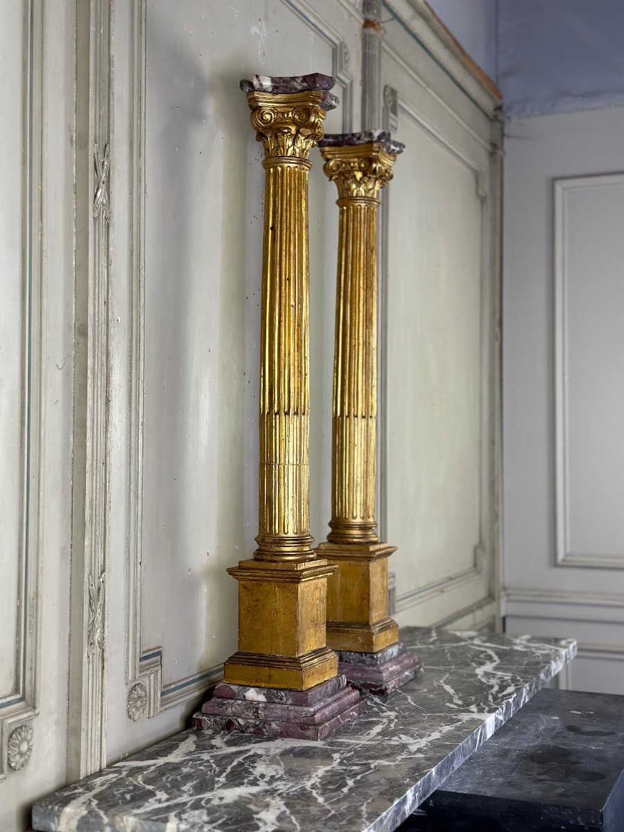 Pair Of Columns In Carved And Gilded Wood Eighteenth Century-photo-1