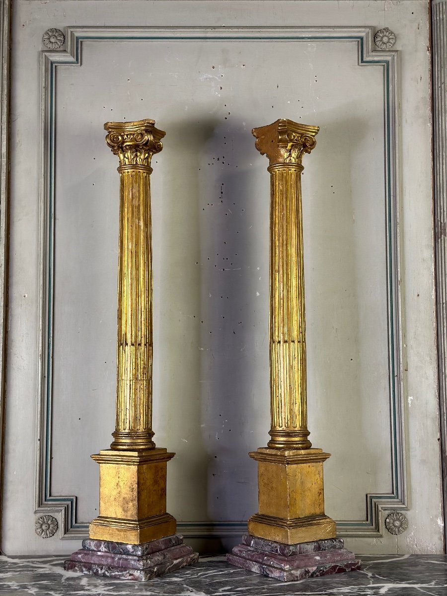 Pair Of Columns In Carved And Gilded Wood Eighteenth Century-photo-6