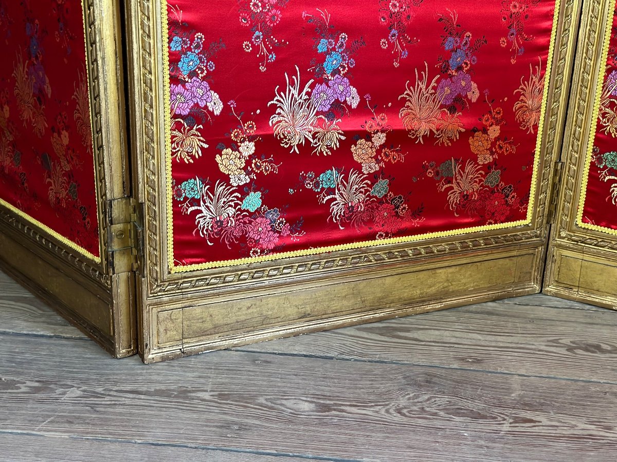 Louis XVI Style Screen In Carved And Gilded Wood, 5 Silk Panels-photo-2