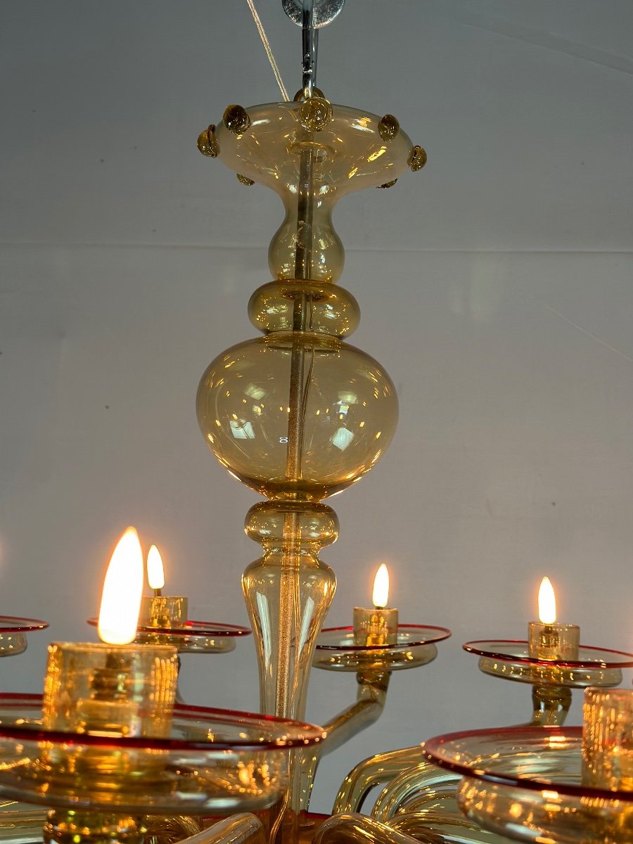 Venetian Chandelier In Golden Murano Glass Mordoré And Red, Venini Circa 1940-photo-1