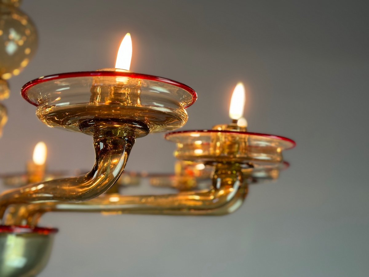 Venetian Chandelier In Golden Murano Glass Mordoré And Red, Venini Circa 1940-photo-2