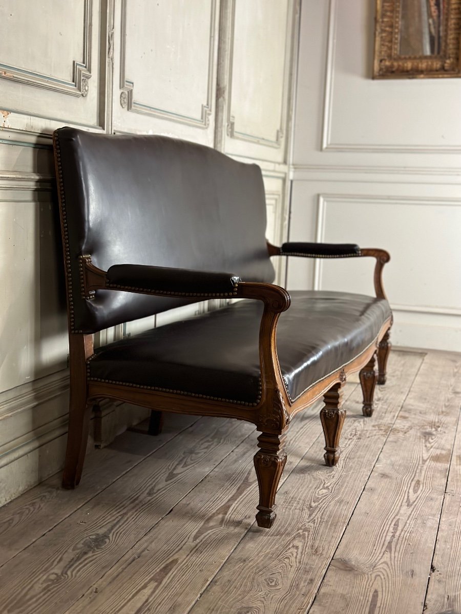 Banquette Napoléon III En Noyer Sculpté, Cuir Synthétique Vers 1880-photo-2