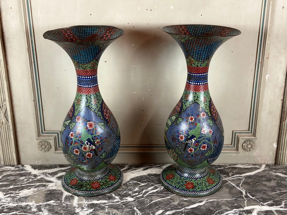 Pair Of Cloisonne Vases, Japan, Meiji, XIXth Century-photo-2