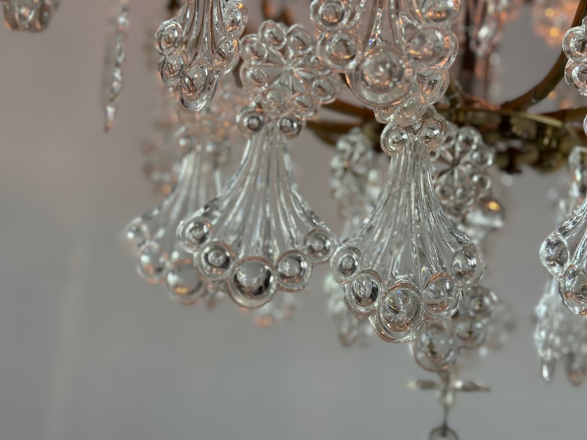 Bronze Cage Chandelier Garnished With Molded Glass Pendants In The Shape Of Peacock Feathers Circa 1800-photo-2