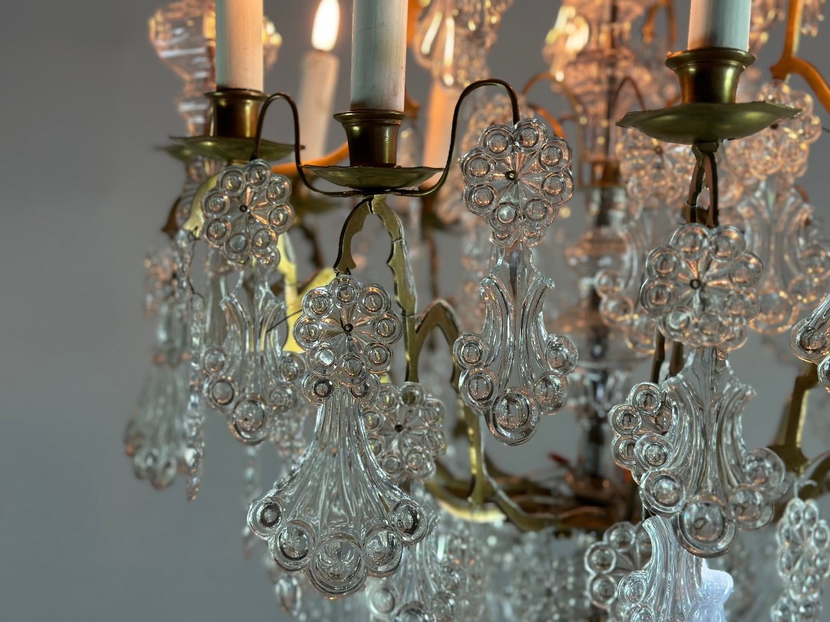 Bronze Cage Chandelier Garnished With Molded Glass Pendants In The Shape Of Peacock Feathers Circa 1800-photo-4