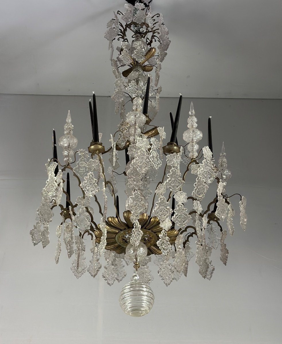 Large Bronze Chandelier Trimmed With Molded Glass Tassels Circa 1800-photo-2