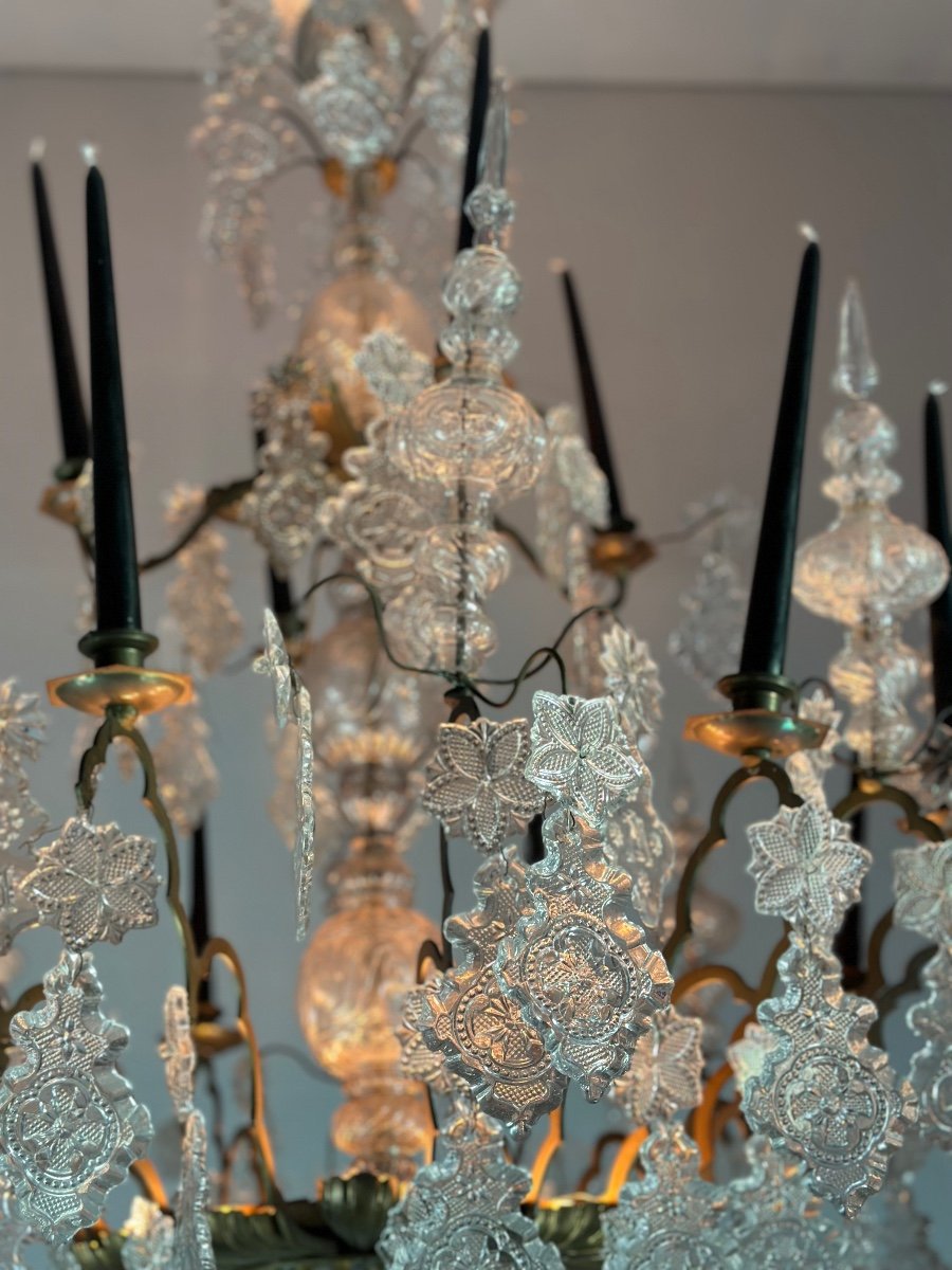 Large Bronze Chandelier Trimmed With Molded Glass Tassels Circa 1800-photo-4