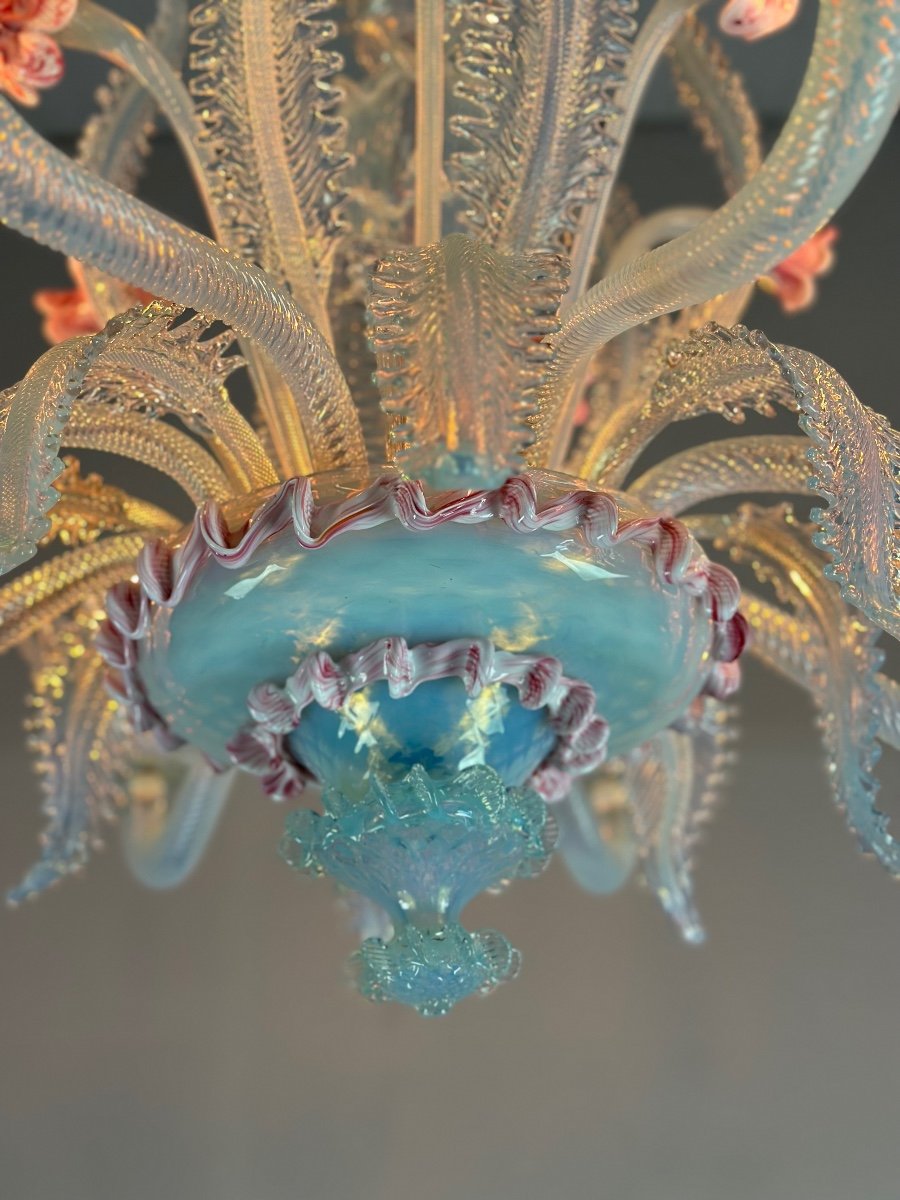 Venetian Chandelier In Blue And Pink Murano Glass, 8 Arms Of Light Circa 1940-photo-3