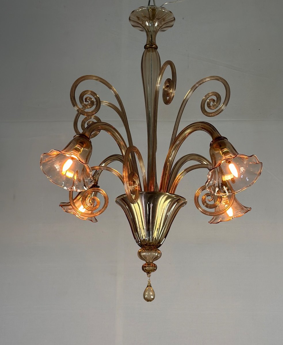 Venetian Chandelier In Mordore Murano Glass, 4 Arms Of Light Circa 1940