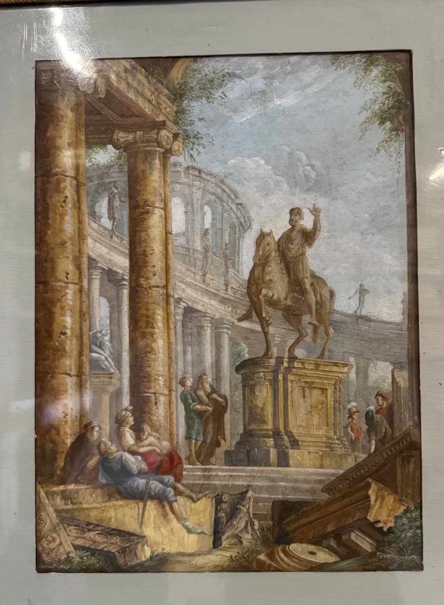 Watercolor On Verger  Paper, Animated Ruins With Equestrian Statue, 18th Century-photo-2