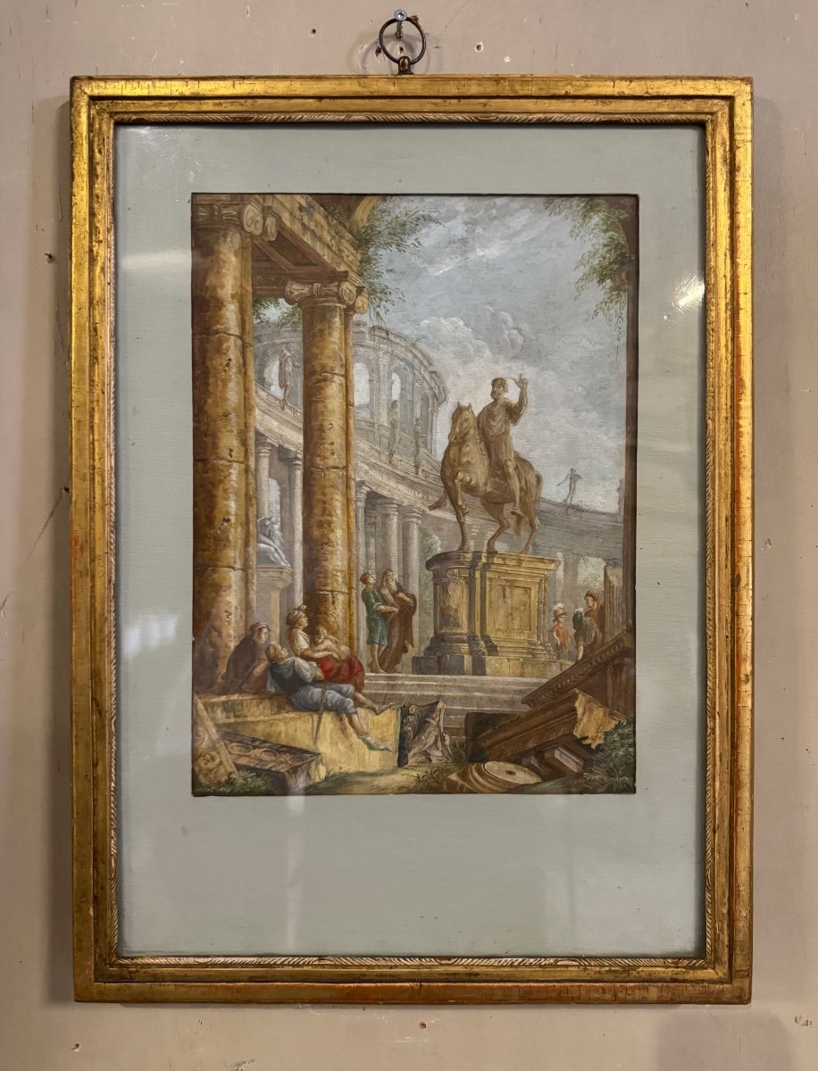 Watercolor On Verger  Paper, Animated Ruins With Equestrian Statue, 18th Century-photo-1