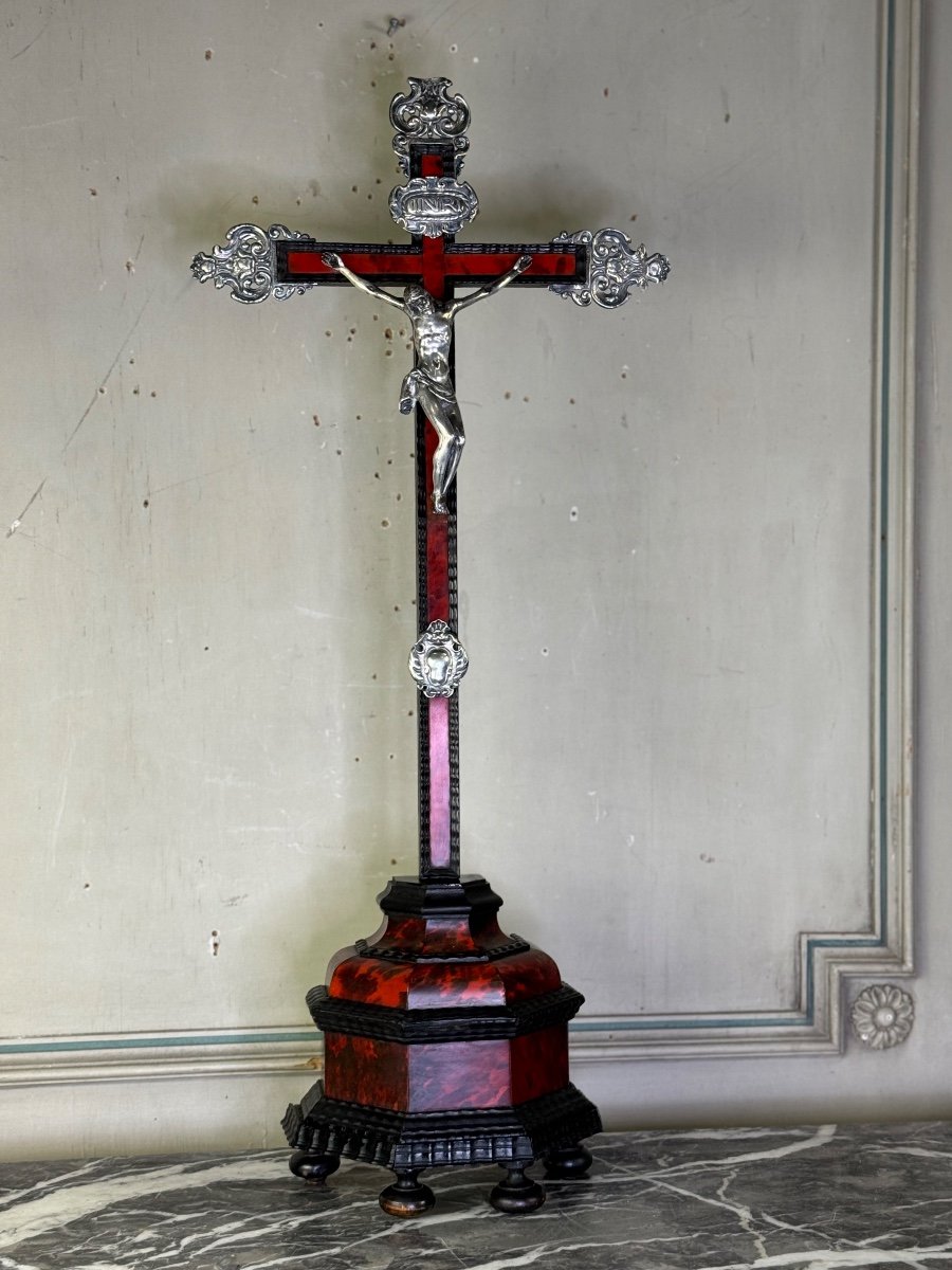 Christ En Croix, Crucifix En Bois Et écaille Rouge, Argent Massif, Anvers XVIIème Siècle