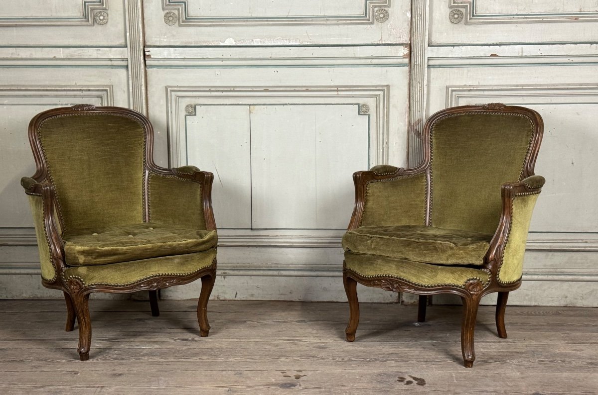 Pair Of Louis XV Style Bergeres  In Carved Beech Around 1920