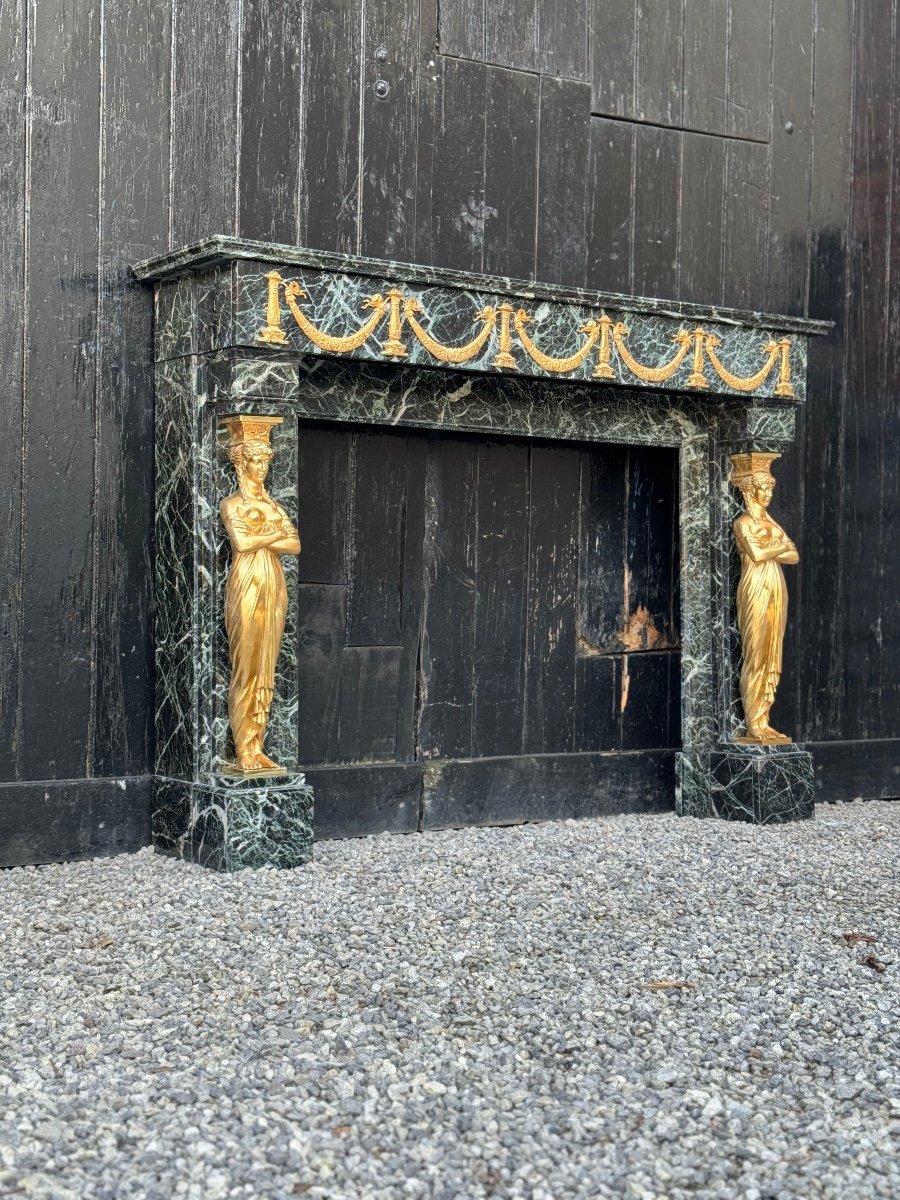 Empire Style Fireplace In Antique Green Marble And Gilded Bronzecirca 1880-photo-4