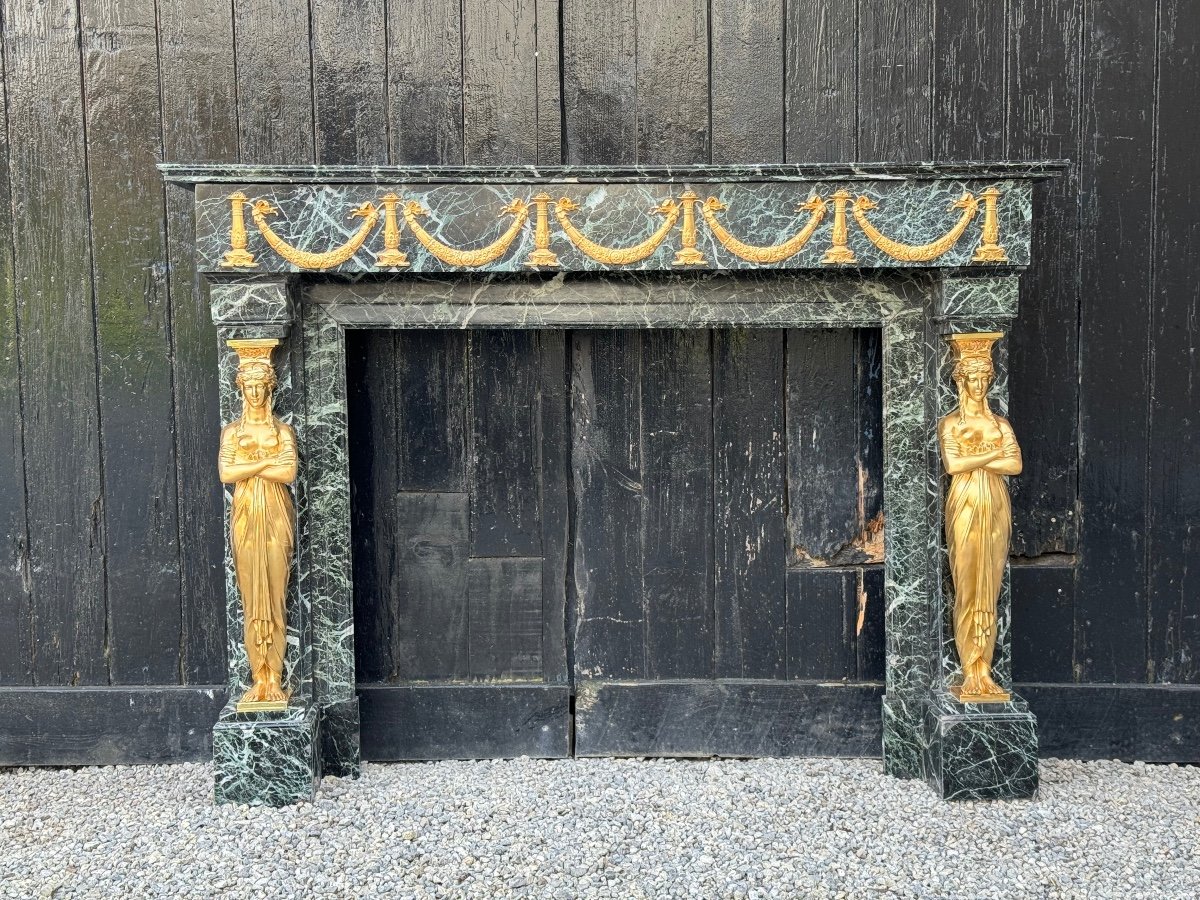 Empire Style Fireplace In Antique Green Marble And Gilded Bronzecirca 1880-photo-1