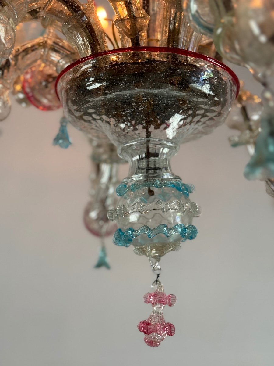 Venetian Rezzonico Chandelier In Multicolored Murano Glass, 12 Arms Of Light Circa 1900-photo-7