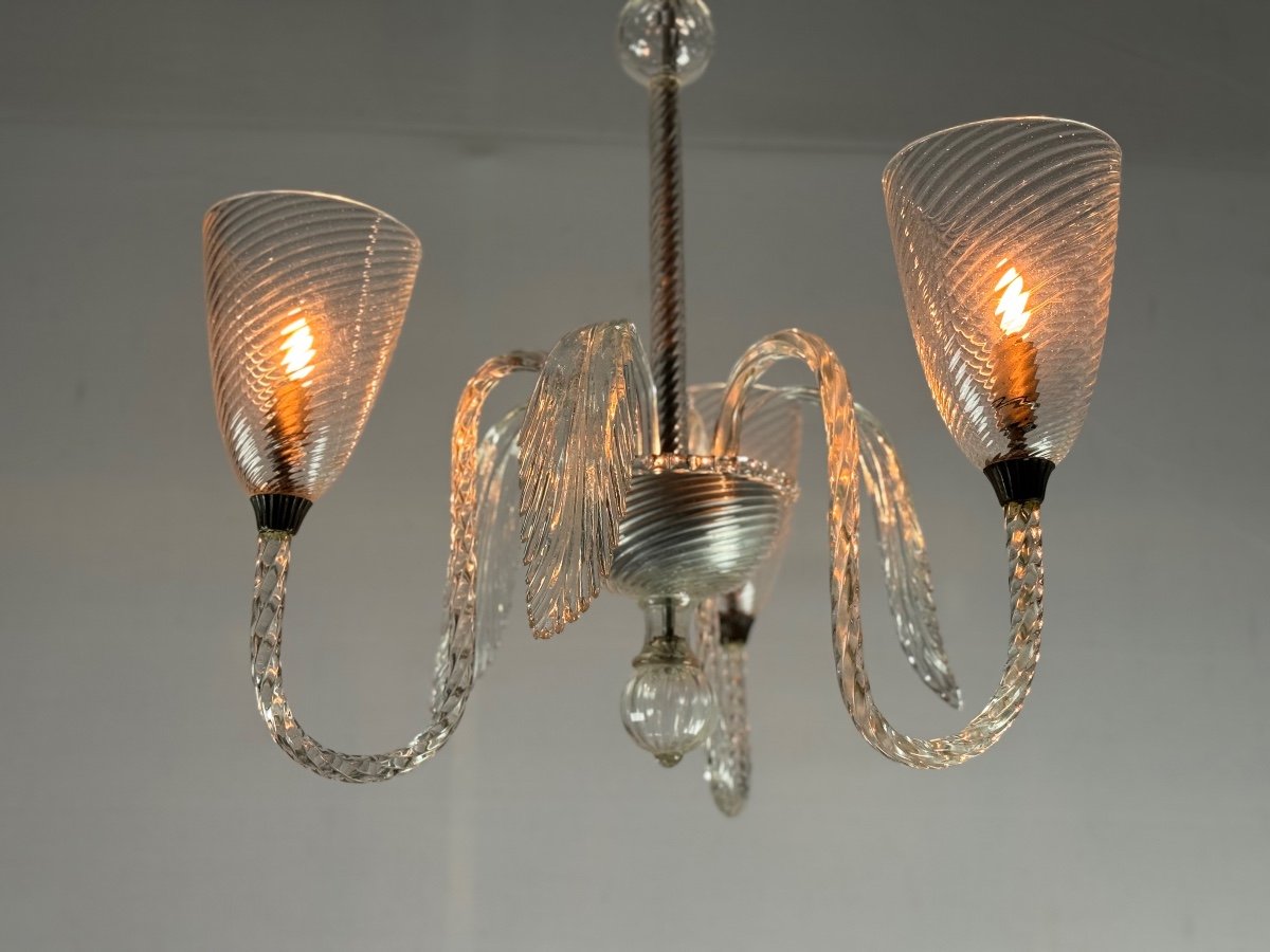 Venetian Chandelier In Colorless Murano Glass, Three Arms Of Light Circa 1950-photo-2