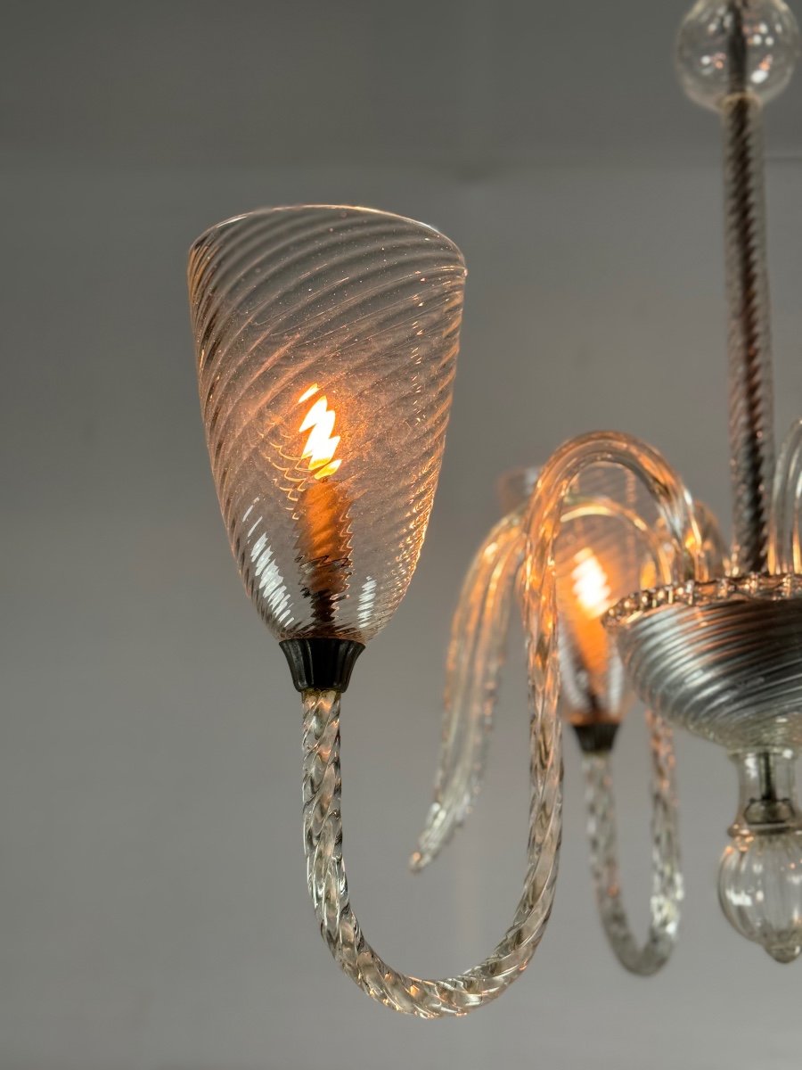 Venetian Chandelier In Colorless Murano Glass, Three Arms Of Light Circa 1950-photo-7