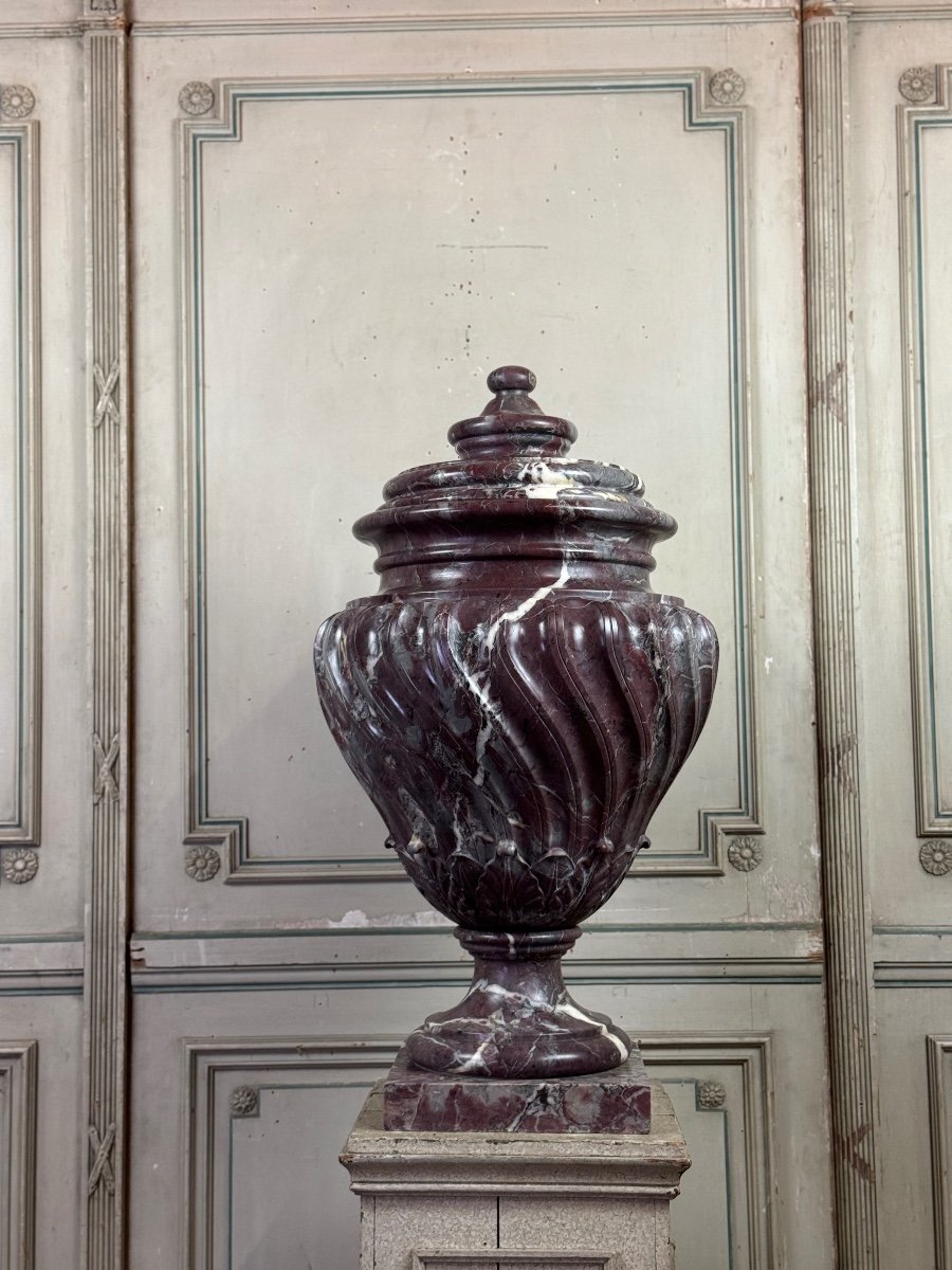 Saravezza Marble Basin The Spiral Fluted Body Topped With A Lid Circa 1900-photo-2