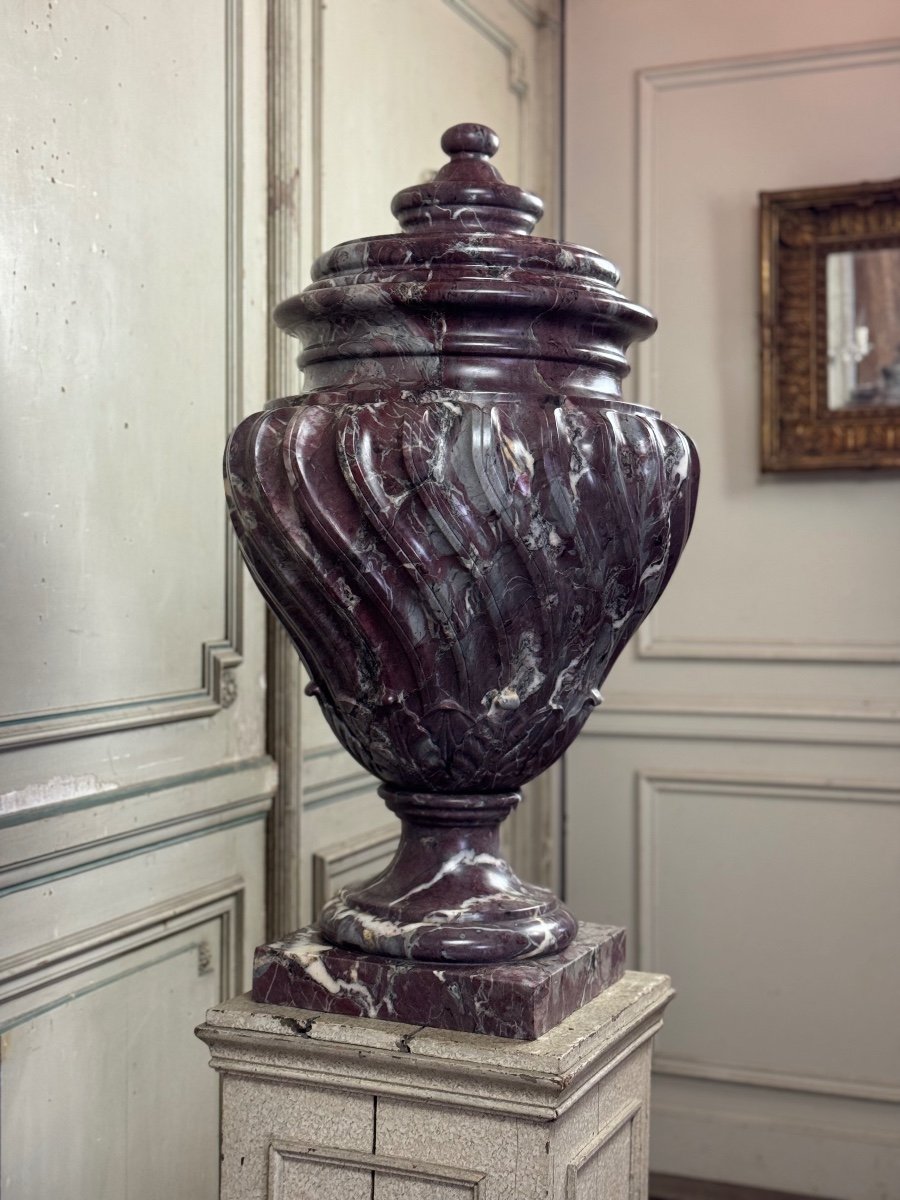 Saravezza Marble Basin The Spiral Fluted Body Topped With A Lid Circa 1900-photo-6